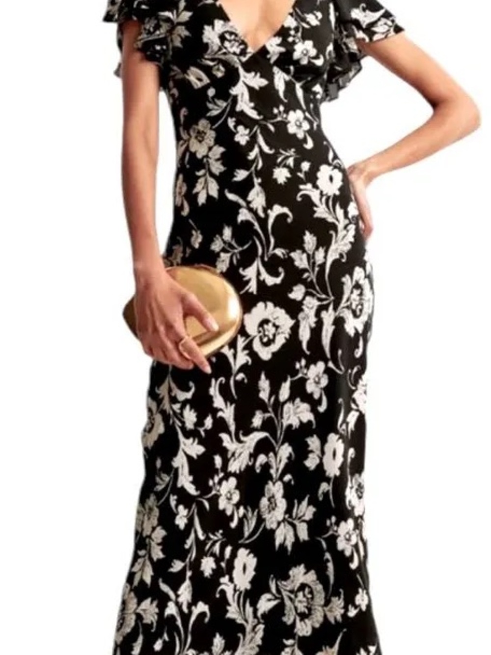 Black & White Floral V-Neck Maxi Dress